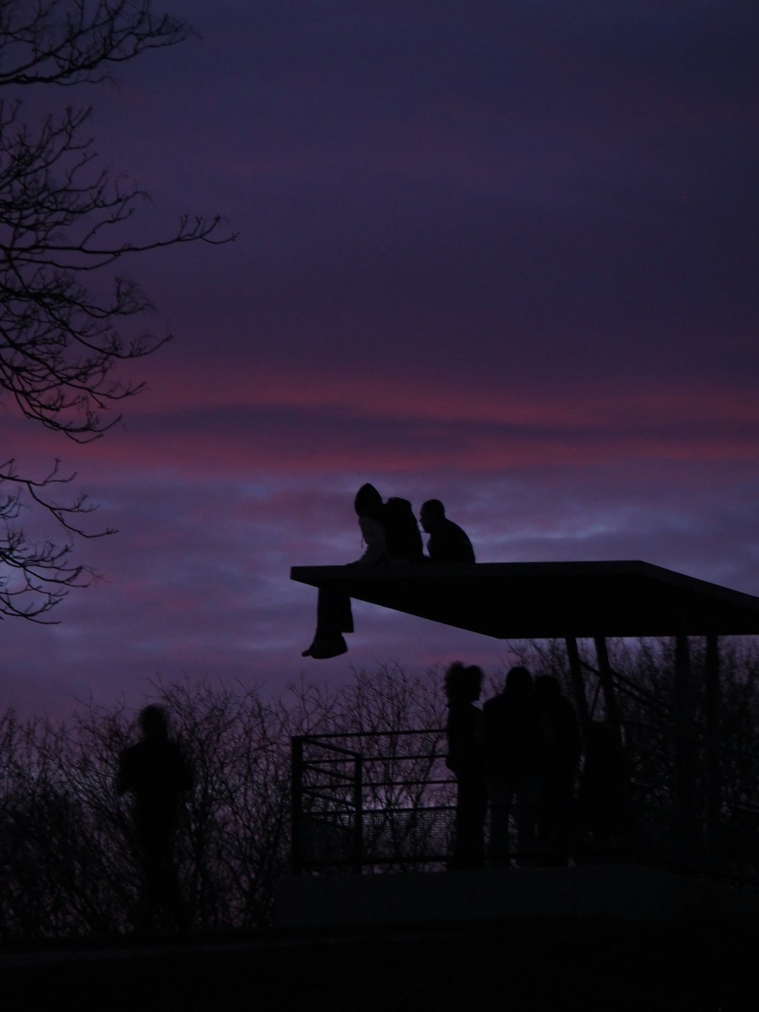 silhouette of man and woman standing on roof during sunset