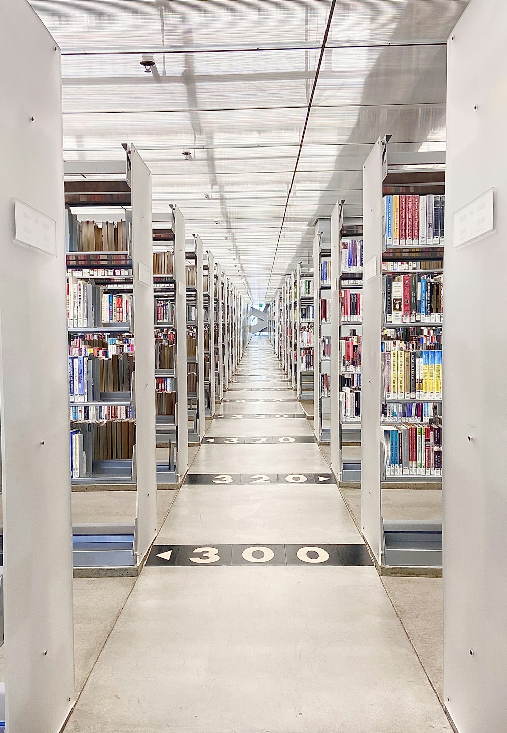 white and blue library hallway