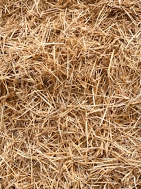A tightly packed collection of straw stems, with varying shades of brown and tan. The texture is rough and the pieces of straw are intertwined and randomly arranged.