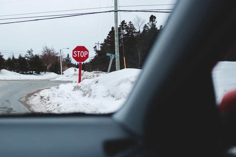 red stop sign on snow covered ground