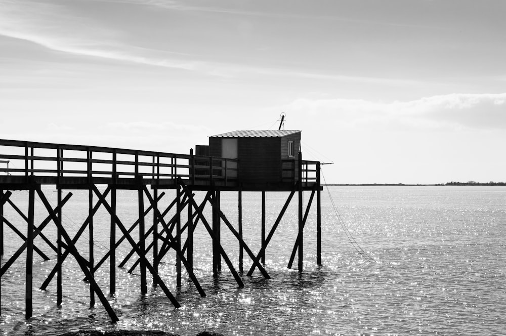 grayscale photo of wooden dock on sea