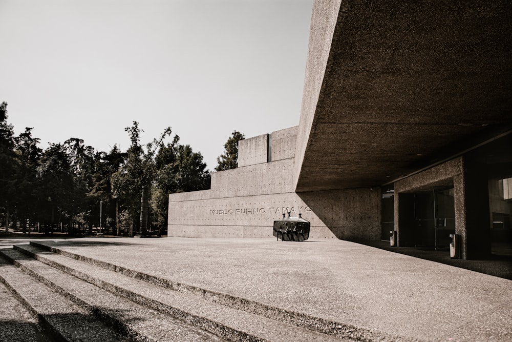 Photo en niveaux de gris d’un bâtiment en béton près d’arbres