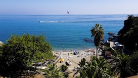A scenic beach with clear blue waters, surrounded by lush greenery and palm trees. People are enjoying the sun on the sandy shore, while some swim in the water. A speedboat is seen creating a trail in the ocean, and a parasailer floats in the sky.