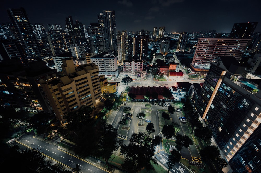 aerial view of city buildings during night time