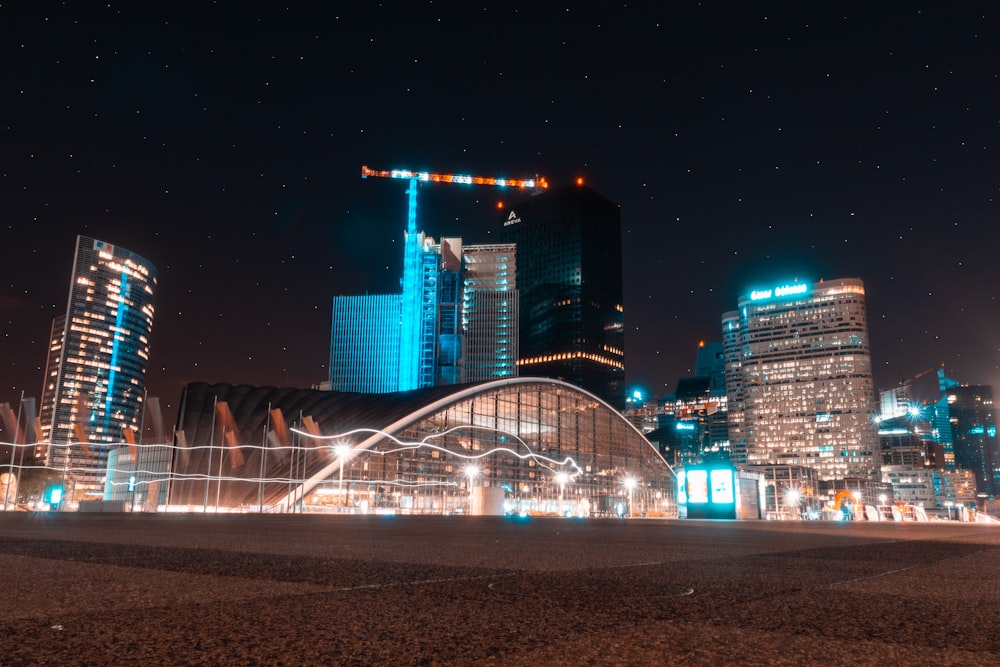 city skyline during night time