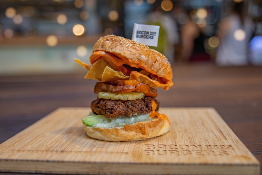 burger on brown wooden table