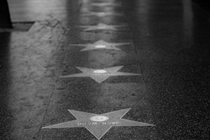 A black and white image of a sidewalk featuring Hollywood Walk of Fame stars. The stars are arranged in a line, with names inscribed on them. The surface appears wet, suggesting recent rain or weather exposure.