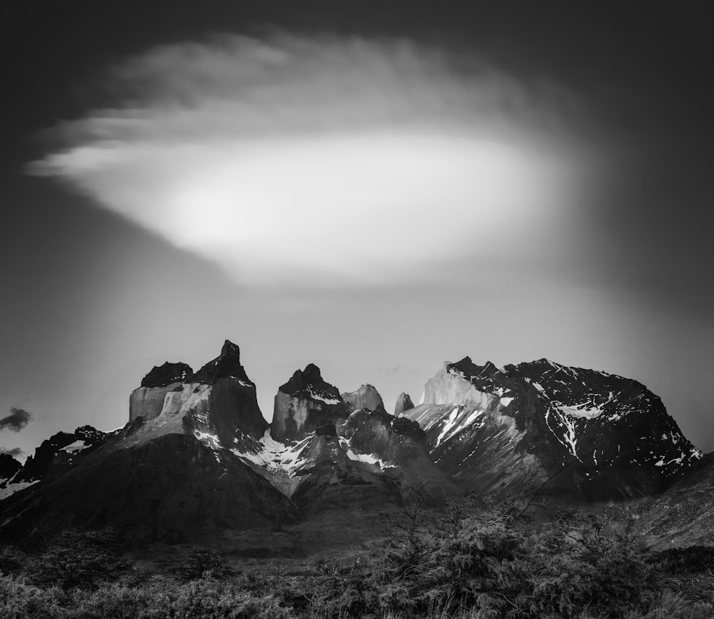 grayscale photo of rocky mountain