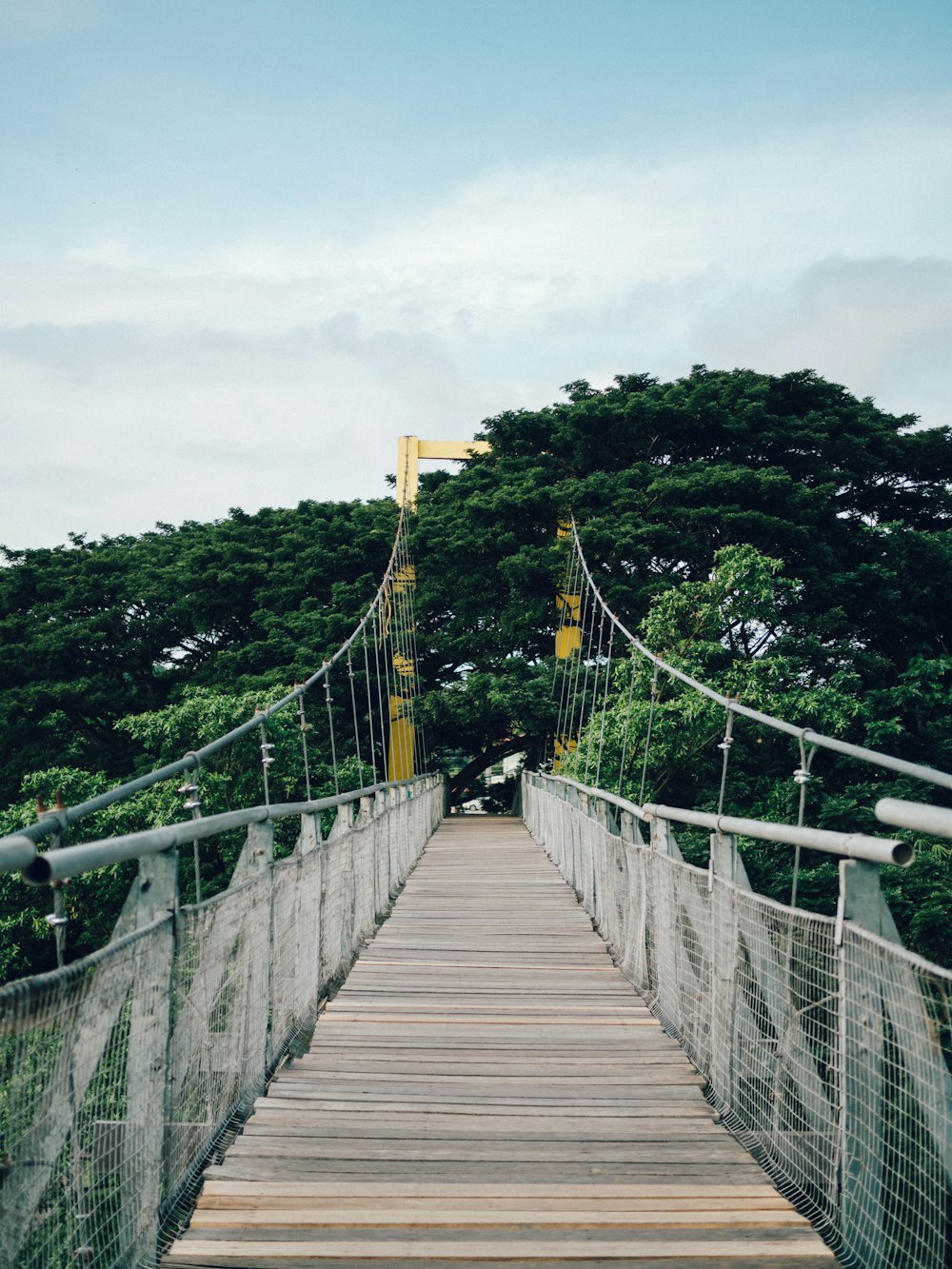 a wooden bridge with a wire fence and trees in the background