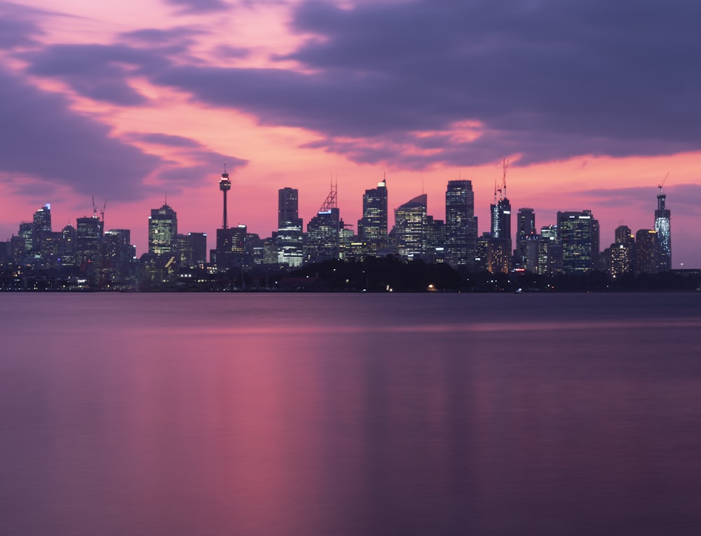 city skyline during night time