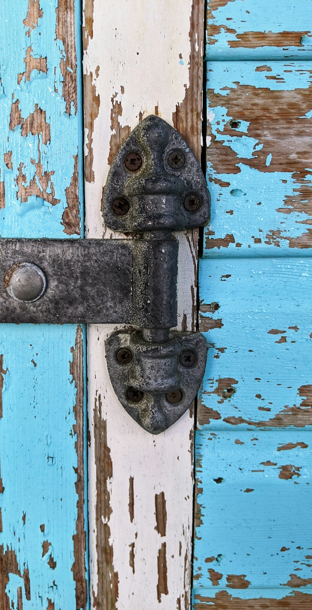 brown metal door lock on blue wooden door