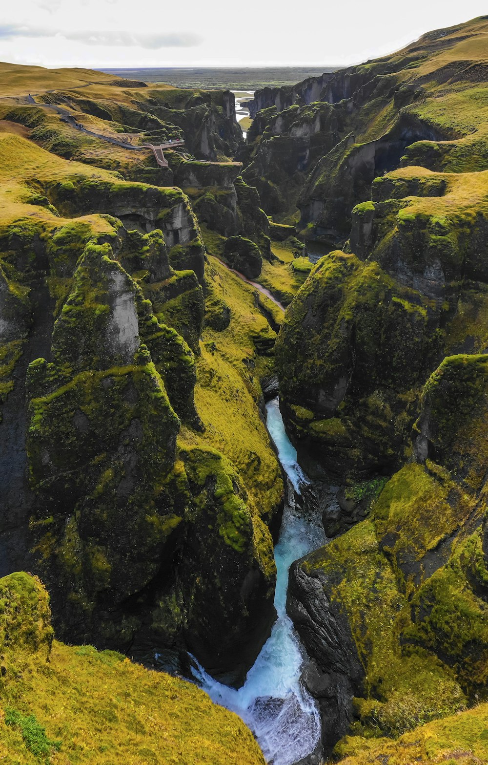 river in the middle of green and yellow mountains