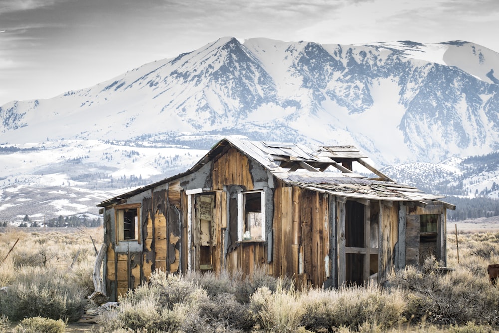 brown wooden house on green grass field near snow covered mountain during daytime