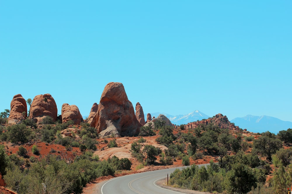 brown rock formation near green trees during daytime