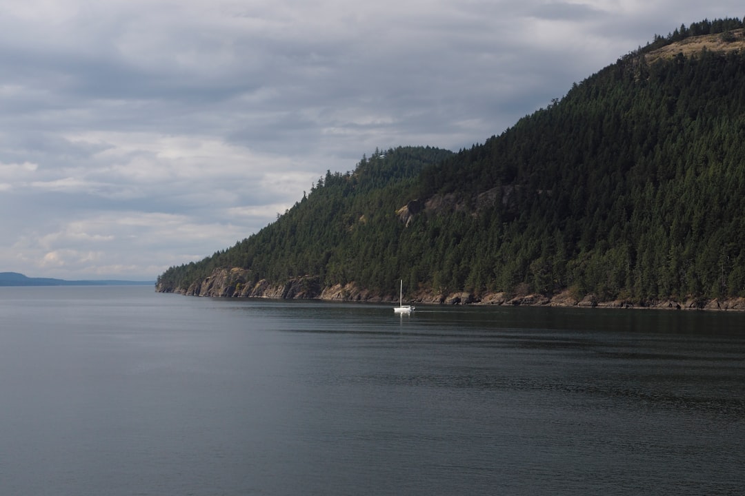 white boat on sea near green mountain under white clouds during daytime