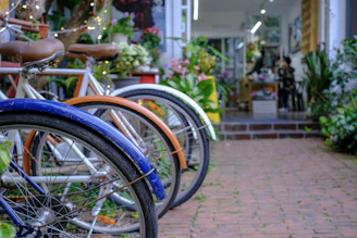 A row of colorful bicycles parked outside a quaint shop in Varanasi under warm sunlight.