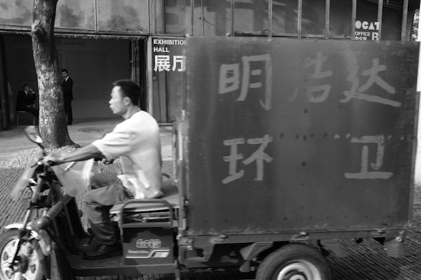 A man is riding a motorized tricycle carrying a large box with Chinese characters on it. The vehicle is traveling past an exhibition hall entrance, where two people are standing inside. A tree partially obscures part of the scene.