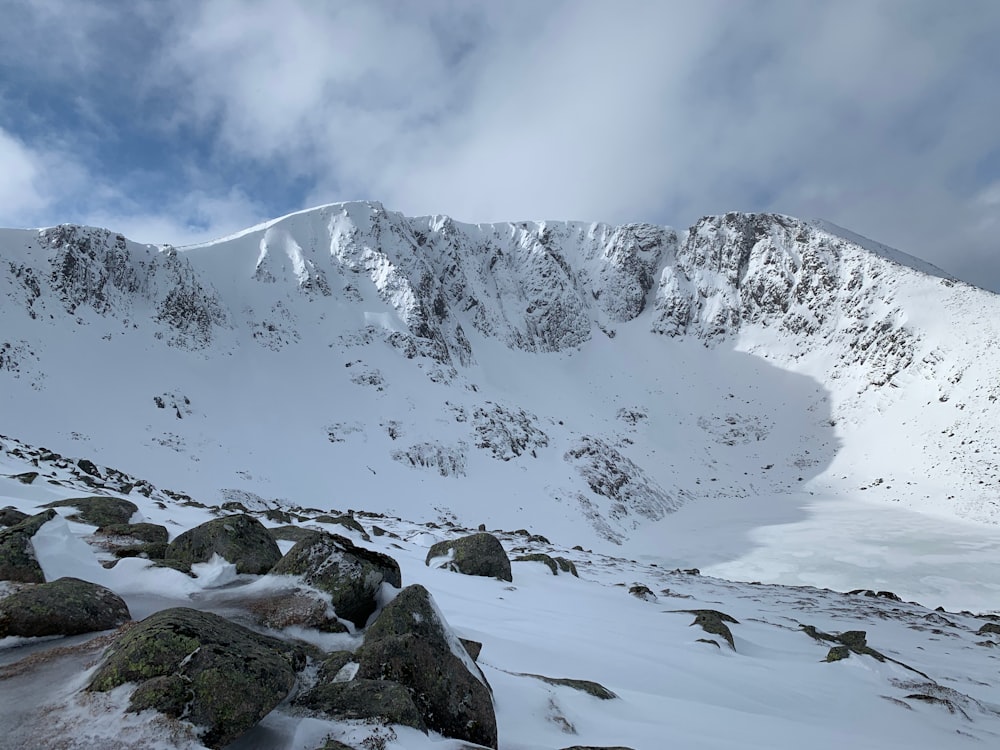 snow covered mountain under cloudy sky during daytime