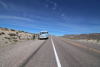Lillys Travel Tour bus parked with scenic desert landscape in the background