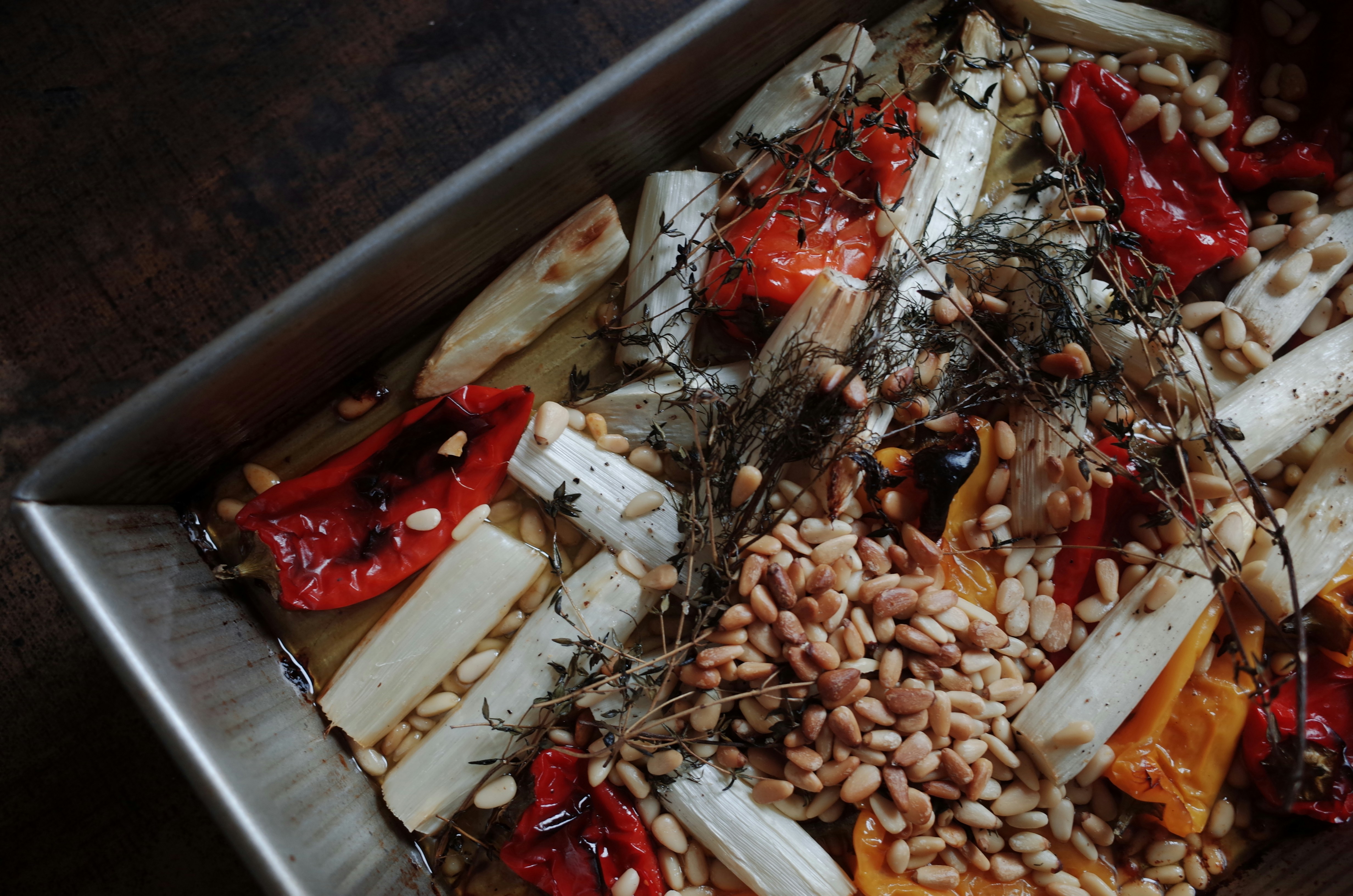 Tray of roasted beans and vegetables