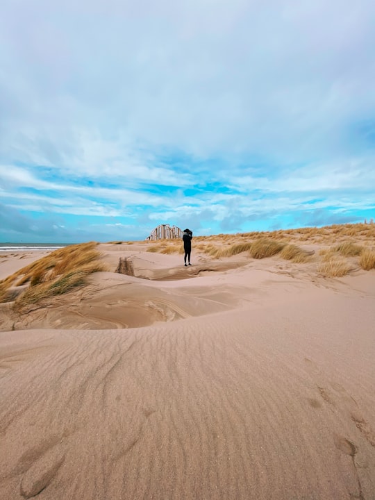 person walking on sand near beach during daytime in Maasvlakte Rotterdam Netherlands