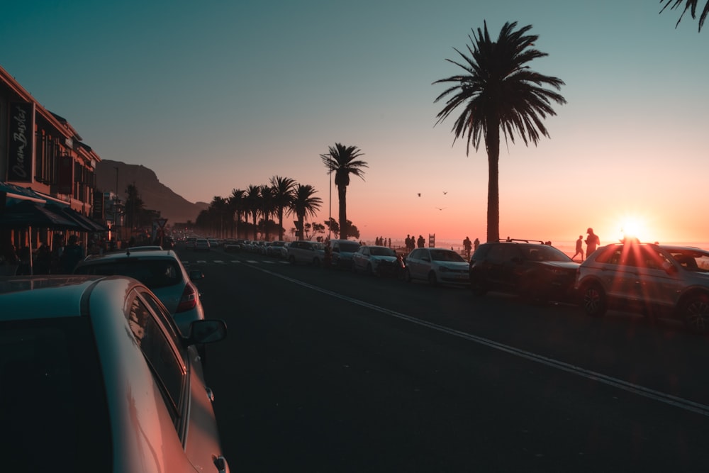 Coches en la carretera durante la puesta de sol