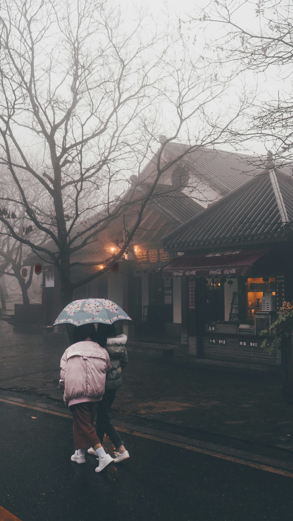 person in pink jacket holding umbrella walking on sidewalk during night time