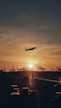 silhouette of airplane flying over the people during sunset