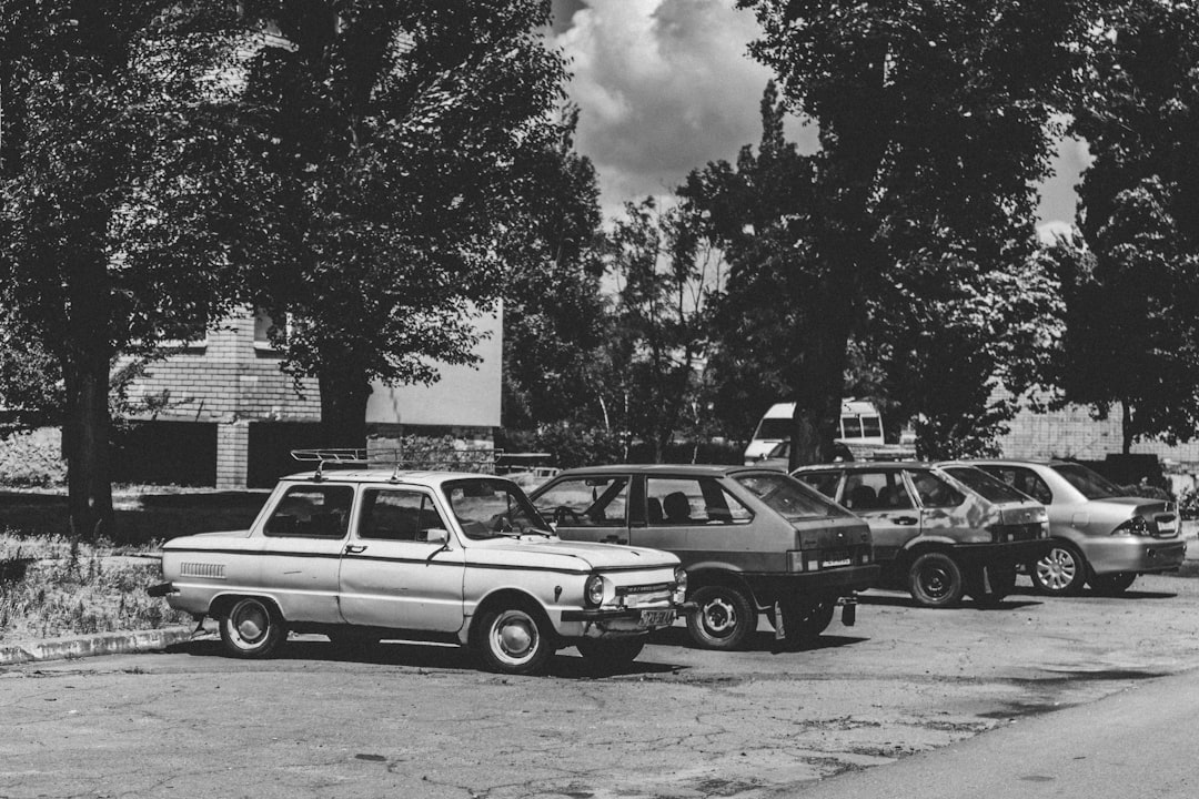 grayscale photo of 2 cars parked on road