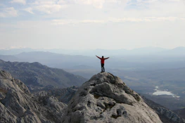 A happy traveler standing atop a mountain peak, arms raised in triumph against a golden sky.