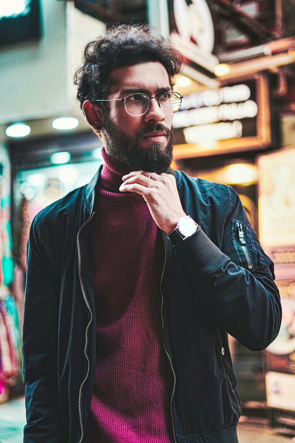 man in black leather jacket