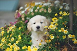 A happy puppy in a bright yellow handcrafted hoodie playing in a garden full of flowers.