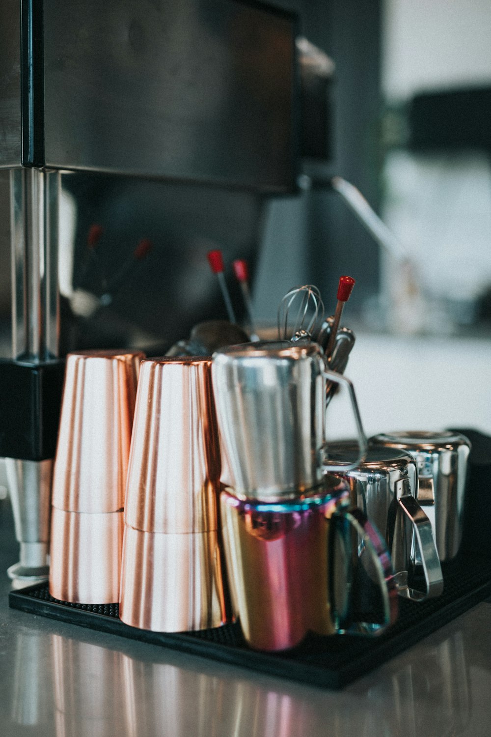 stainless steel mug on table