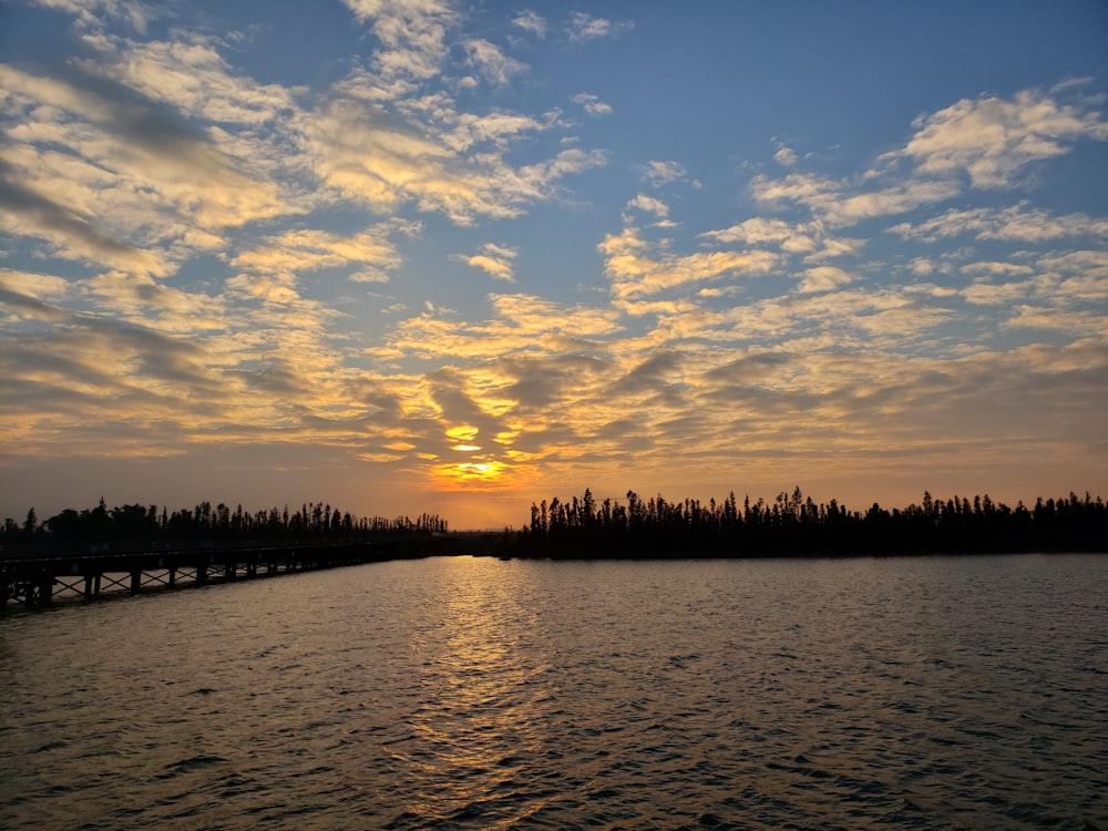 body of water during sunset