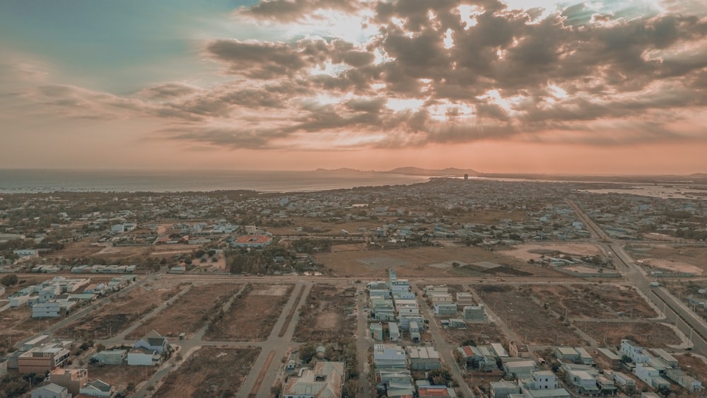 aerial view of city during sunset