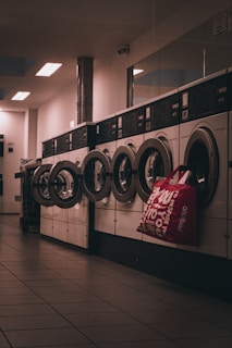 red and white front load washing machines