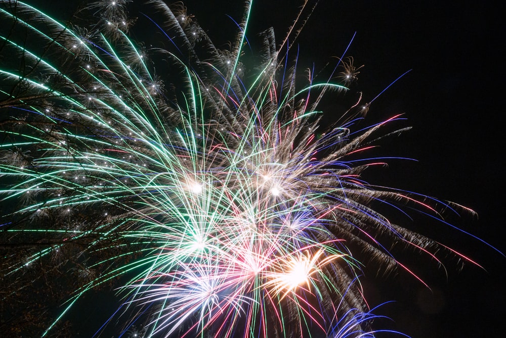 Espectáculo de fuegos artificiales rojos y blancos durante la noche