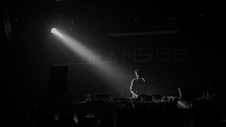 A person stands behind a DJ booth in a dark setting with a spotlight highlighting them. Equipment like mixers and turntables are visible. The word 'FANDOM' is partially visible on the wall in the background.