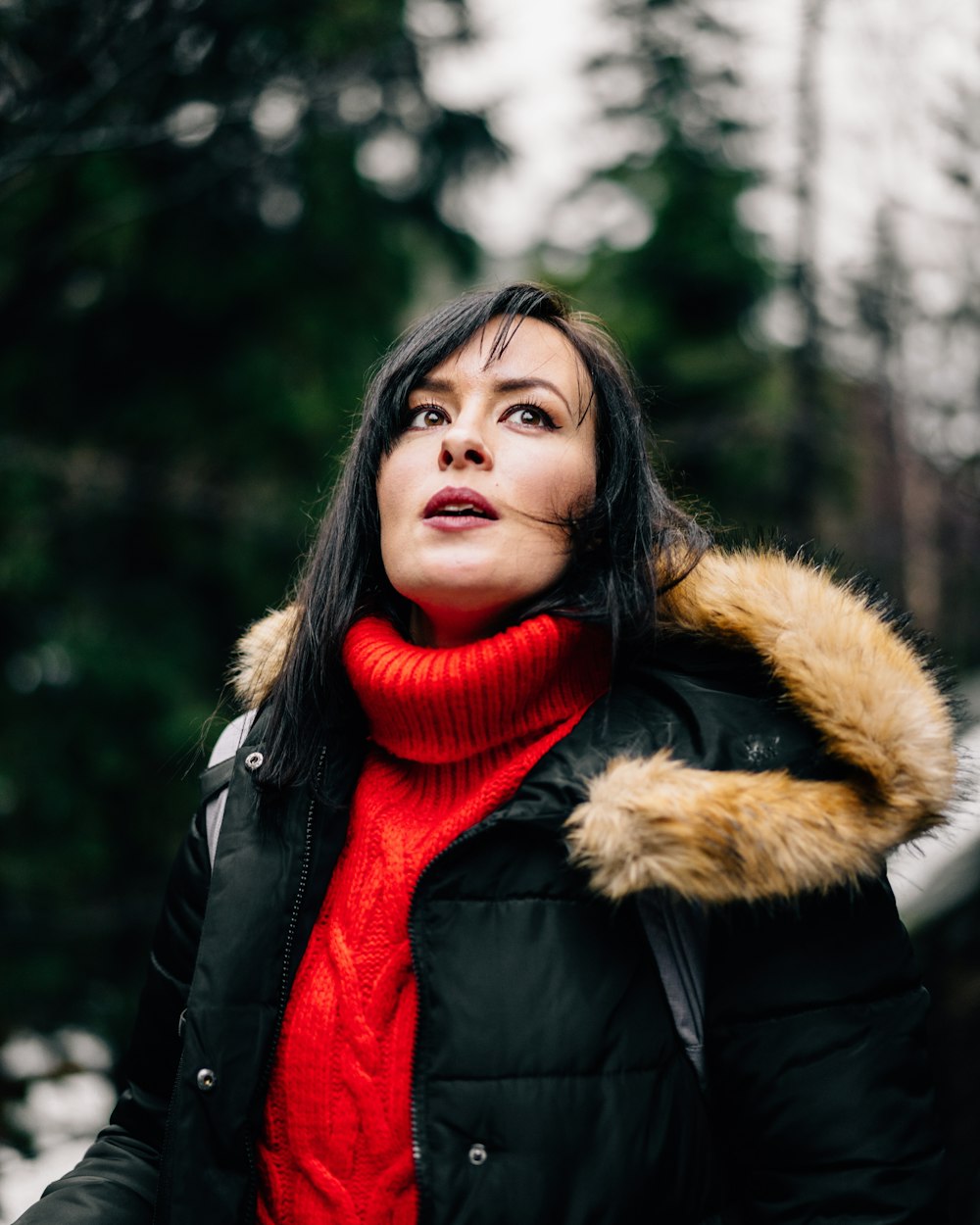 woman in black and brown parka jacket