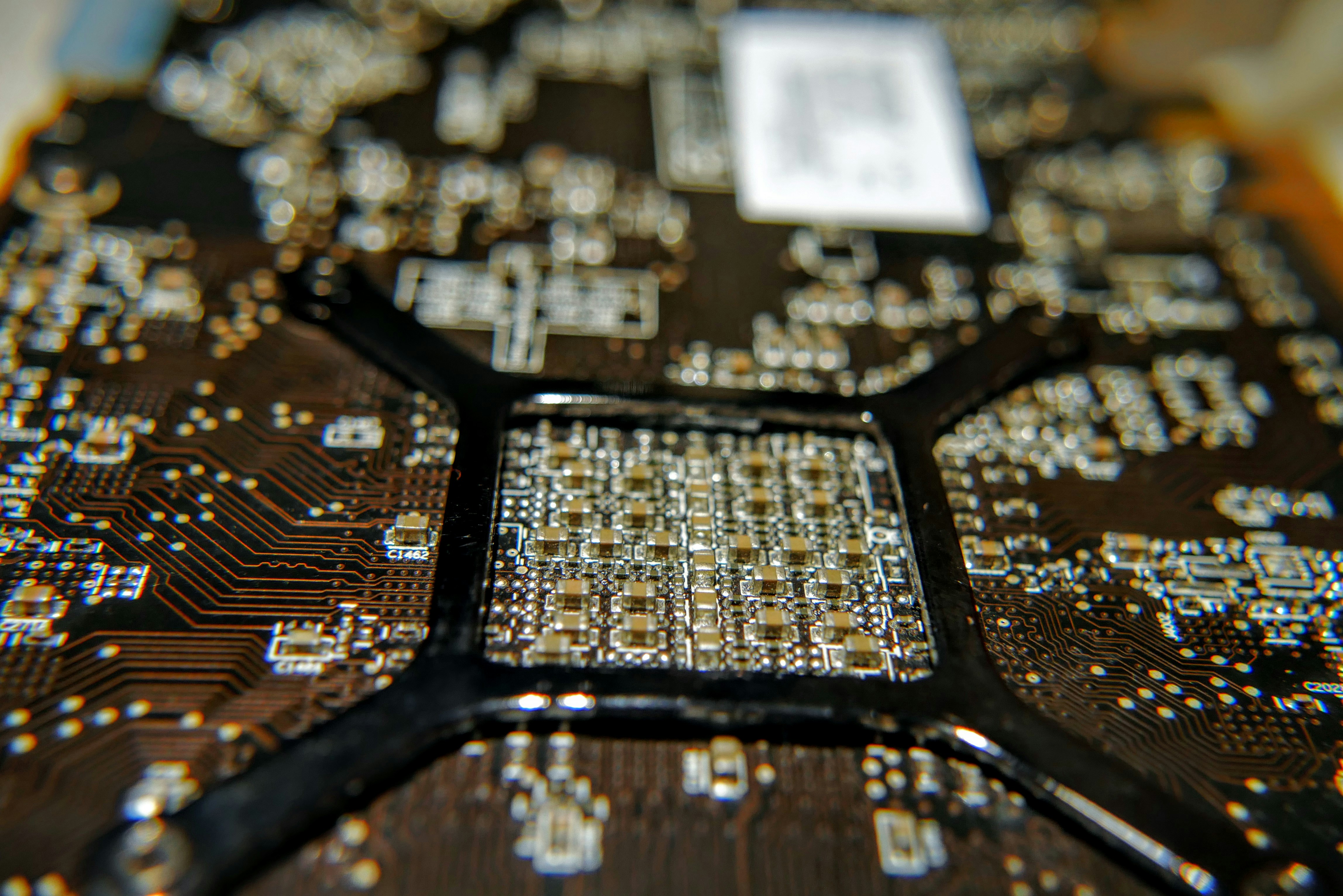 Close-up of computer circuit board and tech components
