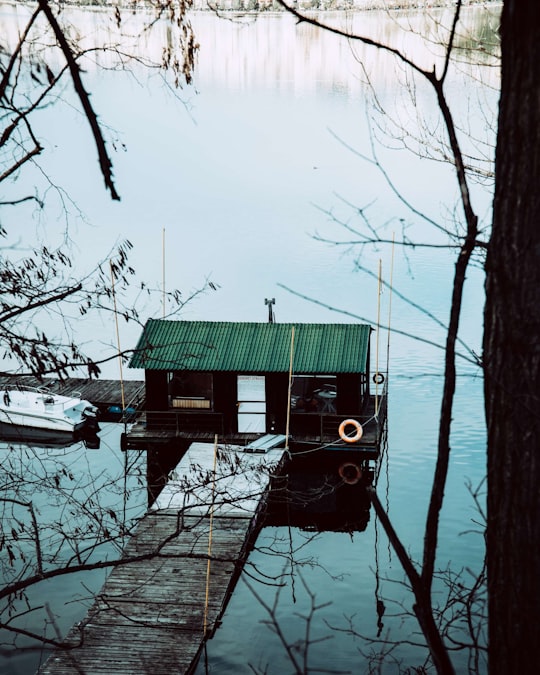 green wooden house on lake during daytime in Kastoria Greece