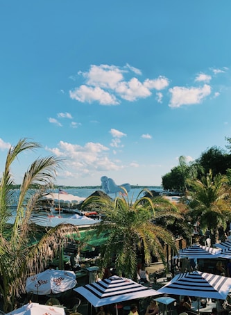 A vibrant outdoor scene featuring numerous palm trees and striped parasols under a bright blue sky with scattered clouds. In the background, a body of water is visible, along with several more umbrellas and a structure shaped like a large foot.