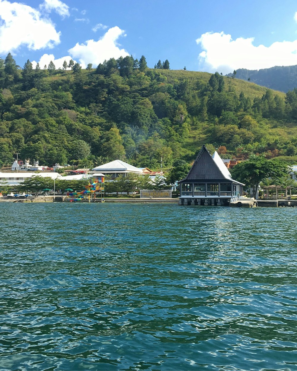 brown and white wooden house near green trees and body of water during daytime