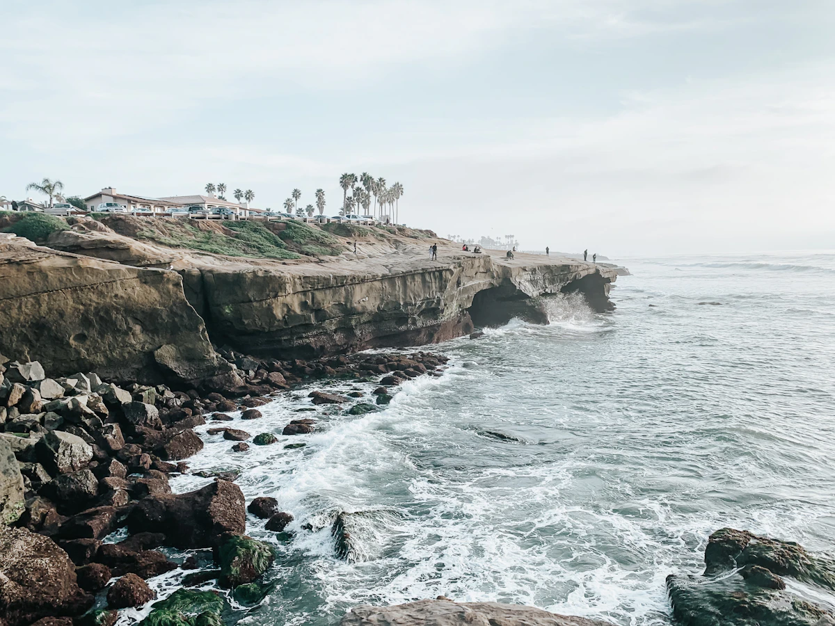 Rock formations and surf at Sunset Cliffs