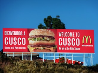 A large McDonald's advertisement billboard stands against a clear blue sky. It features a prominent image of a Big Mac burger, with the text 'BIENVENIDOS A CUSCO' and 'WELCOME TO CUSCO'. The billboard is located near some greenery and appears to be positioned on a raised platform or hill.
