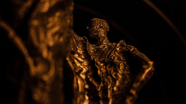 A detailed sculpture crafted in a bronze or metallic color, featuring intricate textures and shadows. The lighting casts deep contrasts, highlighting the sculpted form and its rugged surface.