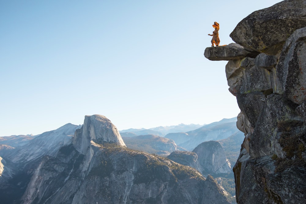 man in brown jacket standing on rock formation during daytime