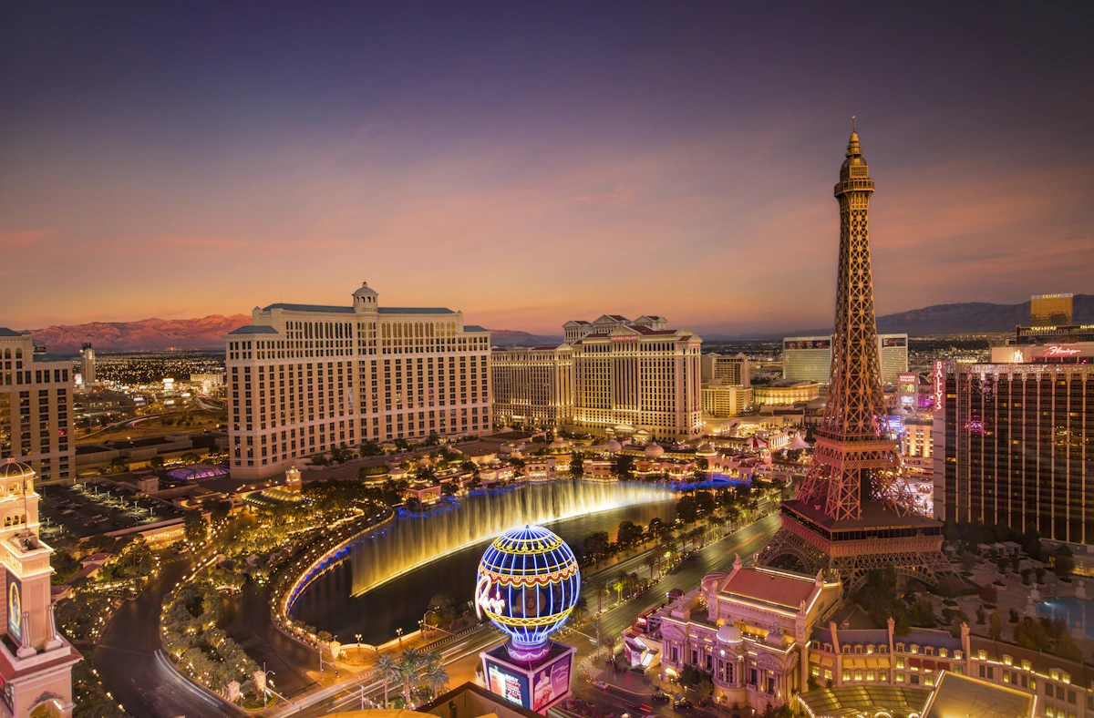 Las Vegas skyline at dusk with commercial developments visible