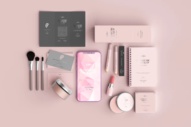 A vibrant, colorful flat lay of beauty products with a journal and a cup of tea, symbolizing calm and strength.