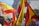 Brightly colored Spanish flags are prominently displayed, with people gathered around in a public space. The setting appears to be a lively event, with flags waving in the air. The background features urban architecture, including a cylindrical building and greenery.